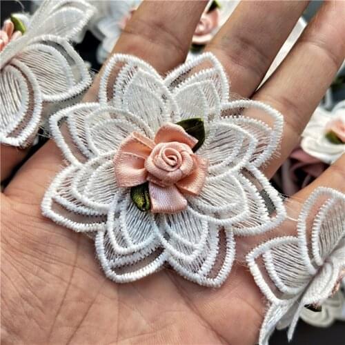 10X White 3D Rose Flower Embroidered Lace Trim Applique Trimming Ribbon Fabric Sewing Craft Handmade Wedding Decoration 7*7cm