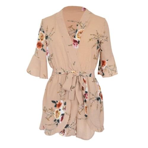 Summer with Boho Sexy Fashion Jumpsuit Women Print 2020 v neck Playsuits Overalls Bow Bohemian Casual Rompers Shorts Floral