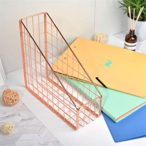 Rose Gold Metal Bookshelf Office Golden Iron Storage Rack for Magazine Paper Newspaper Multifunction Desktop Organizer Basket