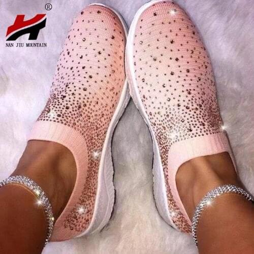 NAN JIU MOUNTAIN Fashion Rhinestone Flat Sneakers Weaving Necklace Women Casual Shoes Lightweight Soles Plus Size