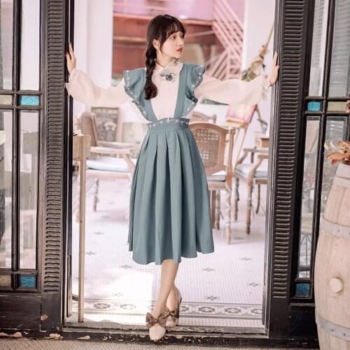 2019 new fashion womens two piece set Retro white blouse+ strap dress