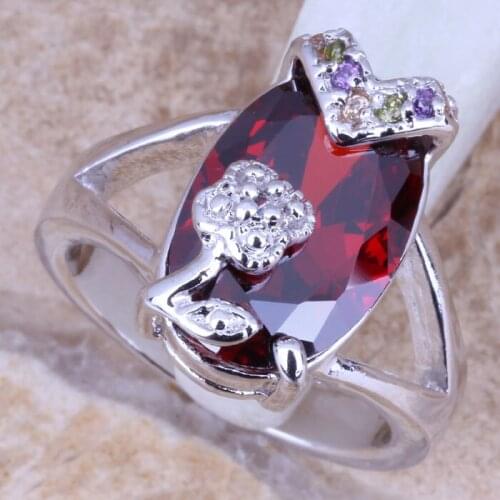 Enchanting Multicolor Red Garnet Silver Plated Womens Flower Ring Size 6 / 7 / 8 / 9 R0948