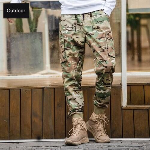 Autumn Camouflage Tactical Pants Chemical Fiber Blend Elastic Beam Foot Outdoor Hiking Camping Trekking Climbing Unisex Trousers