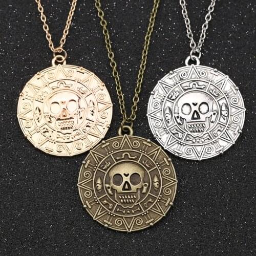 Pirates Of The Caribbean Necklace Jack Sparrow Aztec Coin Medallion Johnny Depp Vintage Gold Bronze Pendant Jewelry Wholesale