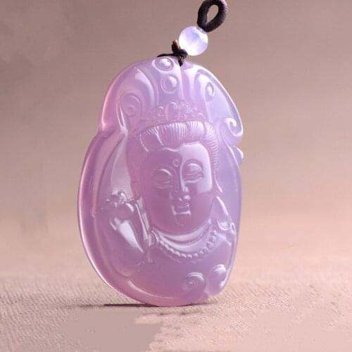 Natural Pink Chalcedony Hand Carved Guanyin Pendant Fashion Jewelry Mens and Womens 925 Silver Inlaid Necklace