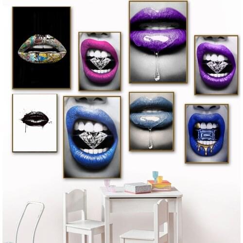 Sexy Beauty Personality Red Lip with Diamond Canvas Posters and Prints Printed On Canvas Wall for Living Room Decoration Picture