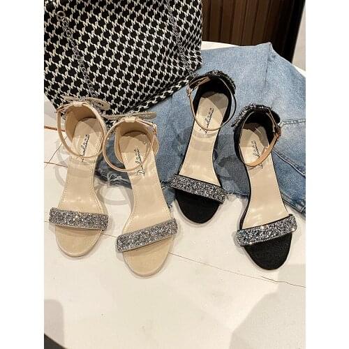 One Word Buckle Exquisite Temperament Ladies High Heel Sandals Summer Open Toe Sexy Sequin Bow Elegant High Heels