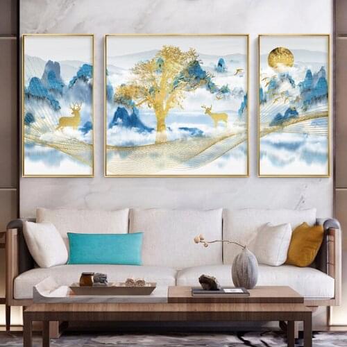 Modern simplicity Abstract Chinese style landscape geese and elk in mountains porch Living Room Decor Canvas Art Poster Painting