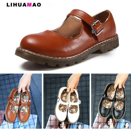 LIHUAMAO flower print Mary Jane shoes round toe ankle strap platform pumps fashion women shoes work party Ladies cute shoes