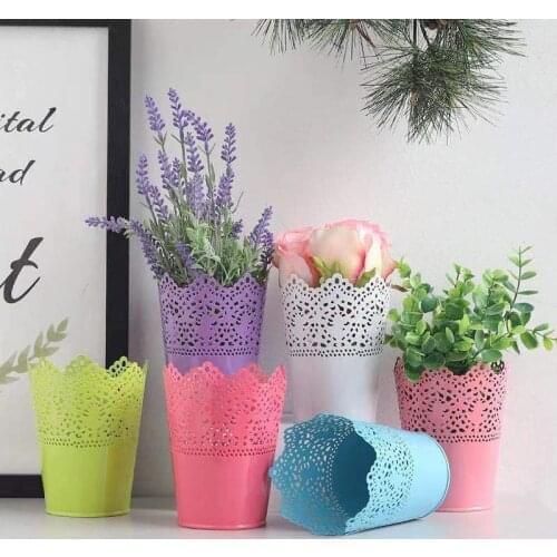 Home decoration hollow out lace iron bucket iron flowerpot iron flower bucket toy bucket versatile candy color