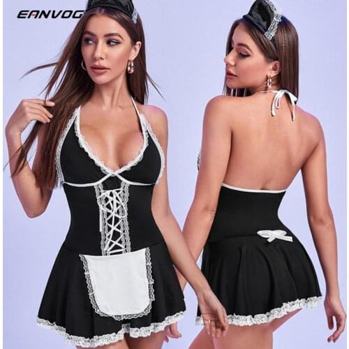 Cosplay Maid Uniform Lingerie Sexy Underwear Thong Erotic lingerie Sheer Halloween Role Play Costumes with Headgear