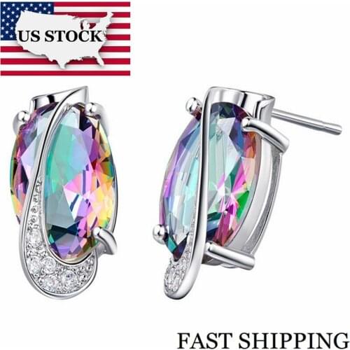 US STOCK Uloveido 5% Silver Color Rainbow Stud Earrings for Women Crystal Earring Oval Earings Fashion Jewelry Pendientes R501