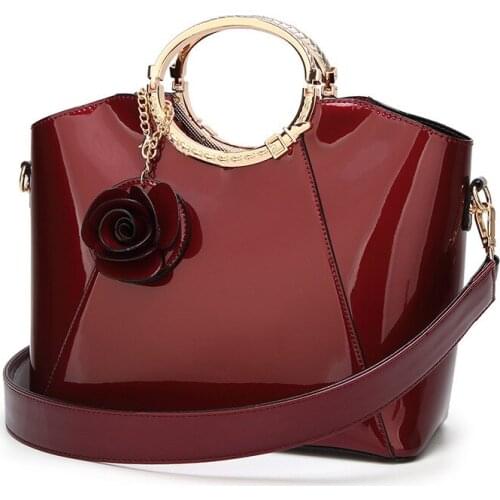 Womens Bag Fashion Patent Leather Handbag Flower Tassel Solid Color Shoulder Bag