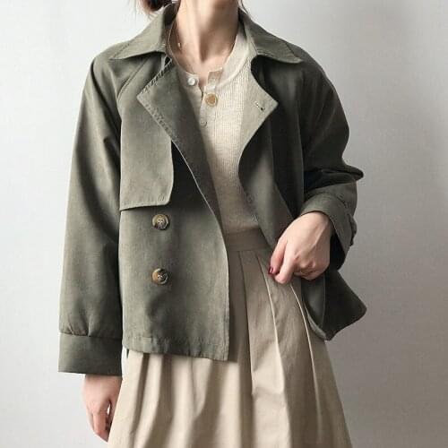 Spring Autumn 2021 Women Double Breasted Khaki Short Trench Coat Loose Lapel Long Sleeve Windbreaker Army Green Korean Casual