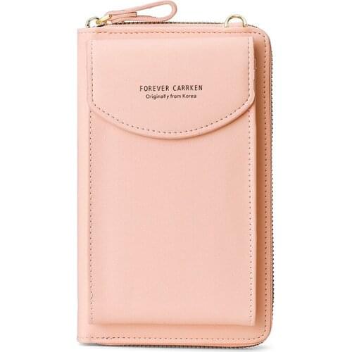 CarrKen Womens Korean Wallet Pure Color Diagonal Bag Multi-Function Mobile Phone Bag Long Clutch (Pink)