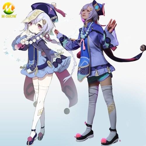 Genshin Impact Qiqi Cosplay Costume Wigs Hat Anime Uniforms Cute Zombie Girl Purple Dress Halloween Fancy Suit for Women