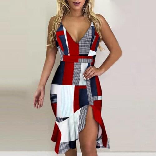 Women Boho Dress Summer Sleeveless Printed Casual Beach Party Dress Ruffle Bodycon Dress Side Slit Midi Dress Robe Ete 2021