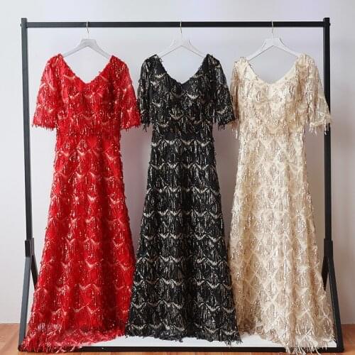 Ladies Black Beige Red Formal Elegant Mesh Party Night Beach Sexy Sequin Floor-length Sexy Club tassels Long Women Summer Dress
