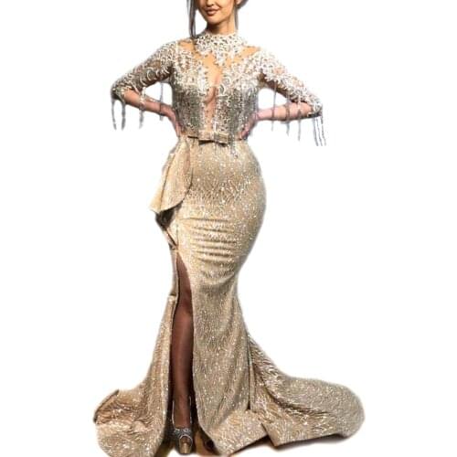 Arabic Amazing Tassel Glitter robe de soiree Evening Dress Embroidery Lace Sheer Illusion Side Splits Long Mermaid Prom Gowns