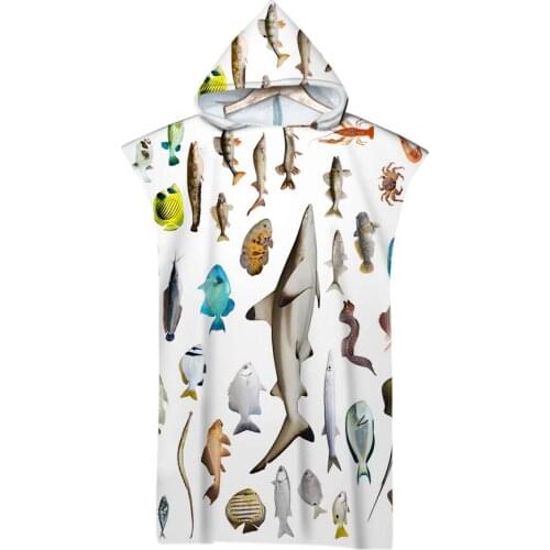 Blue Marine Life Colorful Fish Ocean Printing Outdoor Adult Hooded Beach Towel Poncho Bathrobe Towels Women Man Bathrobe