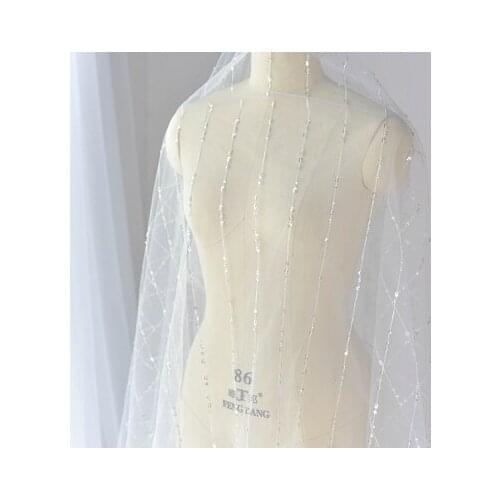 White Beaded Sequin Embroidery Lace Soft Mesh Fabric Veil Dress Wedding Handmade Diy Material