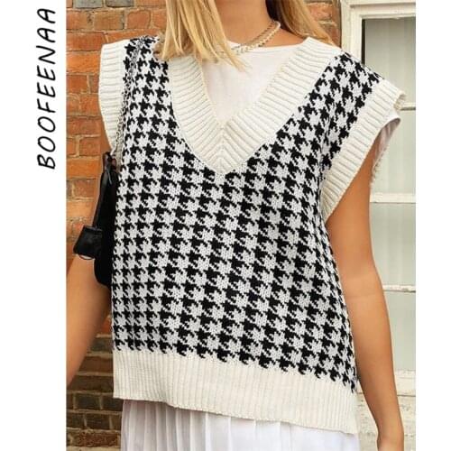 BOOFEENAA Houndstooth Sweater Vests for Women Vintage Tops Winter 2020 Y2k Knitted V Neck Sleeveless Pullovers C67-DI20