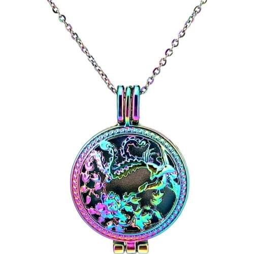 C999 Rainbow Color Phoenix Flower Round Refill Pad Beads Cage Pendant Locket Aroma Essential Oil Diffuser Locket Necklace