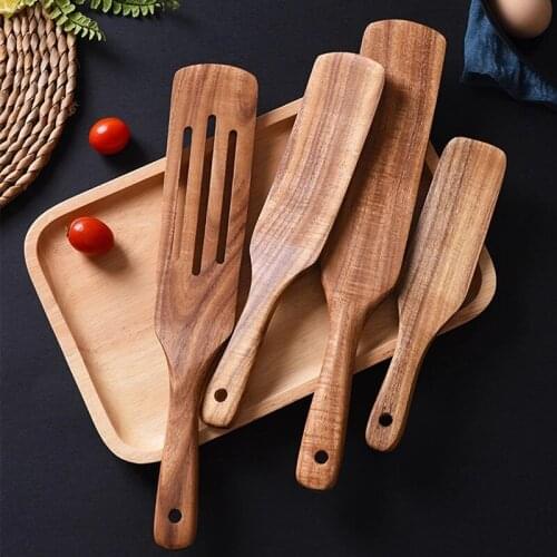 Household Wood Utensils Long Handle Salad Stirring Drain Spatula Non-Stick Wooden Cooking Tools Kitchen Implement Accessories