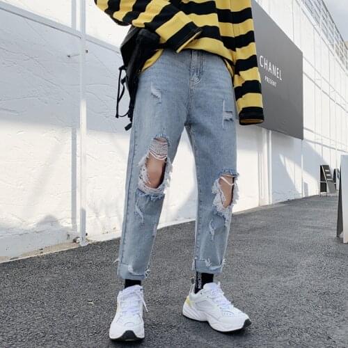 Summer Jeans Mens Slim Fashion Washed Solid Color Casual Hole Jean Pants Men Streetwear Wild Hip Hop Denim Trousers Mens