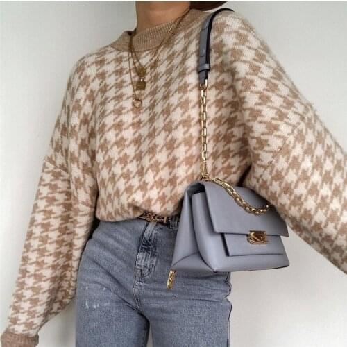 Elegant Khaki Houndstooth Knitted Sweater Women Warm Loose Knit Pullover Vintage Ladies Sweaters 2020 Autumn Winter Jumper Tops