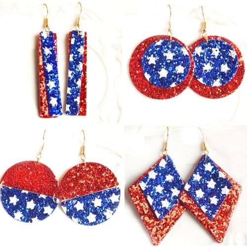 Patriotic America Flag Stars Leather Earrings 4th Of July Glitter Red White and Blue Independence Day Gifts