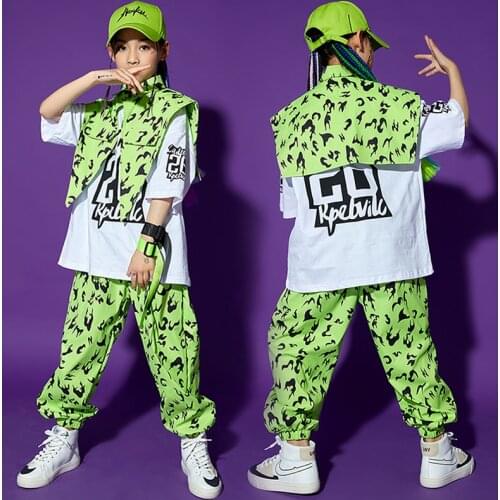 Fashion Green Leopard Girls' Clothes Hip Hop Kids Dance Costume Boys Street Dancing Performance Catwalk Stage Costume BL6500