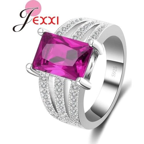 Fashion Jewelry Hollow 3 Line Zircon Rhinestone Luxury Big Rectangle Crystal Centered Woman Wedding Rings 925 Sterling Silver