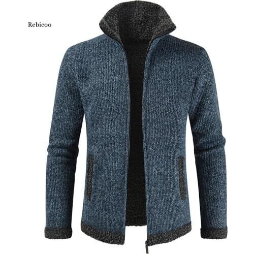 Winter Mens Sweaters Warm Thick Velvet Sweatercoat Stand Collar Warm Cardigan Men Casual Sweaters Pattern Knitwear Men