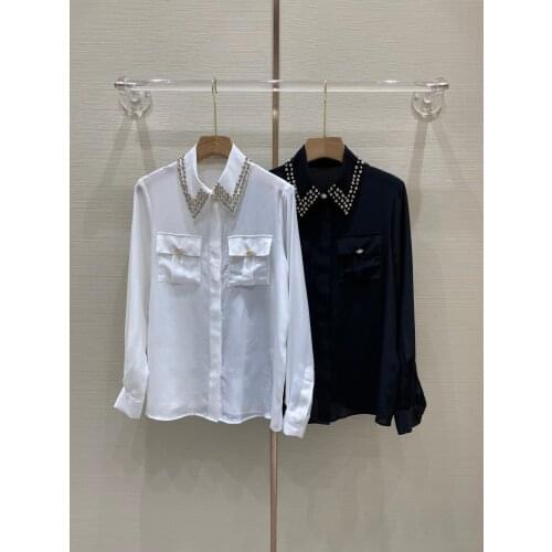 New ladies fashion 2021 long sleeve sexy casual solid color silk handmade nail drill shirt 1226