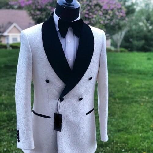New Arrvial Hand Made White PAISLEY With Black Satin Shawl Lapel 2 Pieces(Jacket+ Black Pants) Dinner Suit For Men Wedding