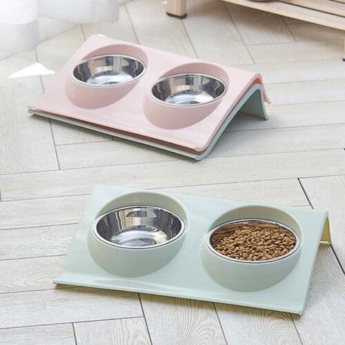 Raised Double Dog Cat Bowls Anti Slip Stand Tilted Elevated Feeders Cute Pet Food Feeding Water Cats Stainless Steel Feeder Bowl