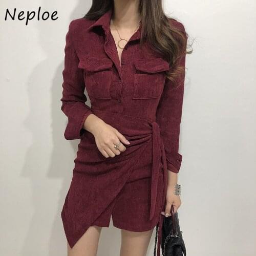 Neploe French Style Chic Corduroy Shirt Dresses Autumn Irregular Drawstring Slim Fit Vestidos Turn-down Collar Bodycon Dress