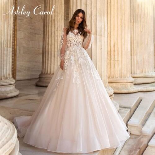 Ashley Carol A-Line Wedding Dress 2021 Romantic Beaded Appliques Flowy Bridal Scoop Puff Sleeve Court Train Beach Bride Gown