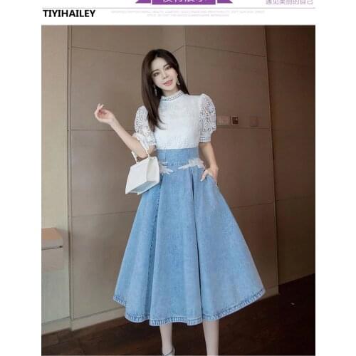 TIYIHAILEY 2021 New Fashion Free Shipping Fashion Long Mid-calf Denim Skirt For Women S-3XL High Waist Summer A-line Lace