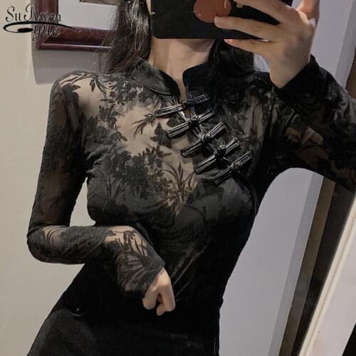 Long Sleeve Slim Chinese Style Turtleneck Black Sexy Blouses Top for Women 2021 New Vintage See Through Lace Womens Shirt 11350