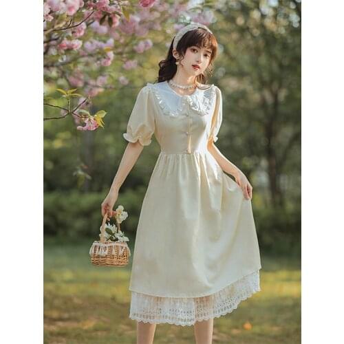 Japanese Sweet Girl Kawaii Dress Women Summer 2021 New French Retro Lace Stitching Ruffled Doll Collar Sweet Cute Dress Lolita