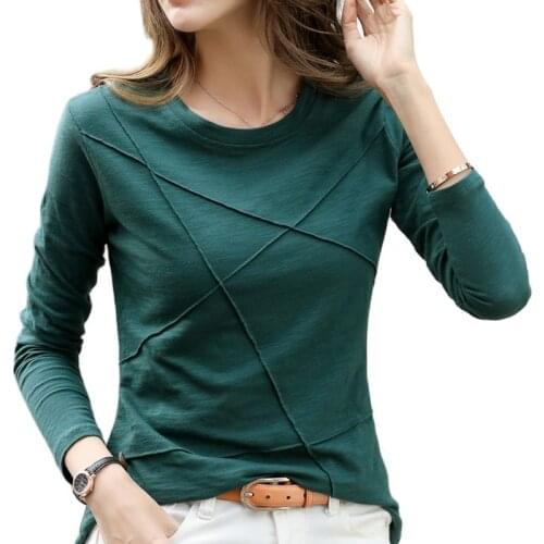 2021 Ribbed Spring Fashion Bamboo Cotton T-Shirt Autumn Women O-Neck Loose Simple Purple Shirt Long Sleeve Lady Green Top 17279