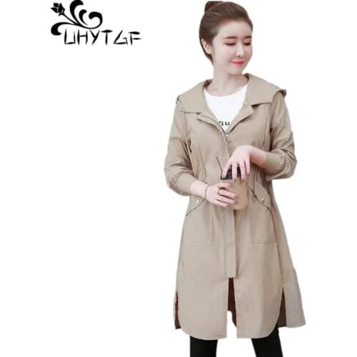 UHYTGF Women Windbreaker Mid-Length Thin Outerwear Fashion Hooded Casual Spring Autumn Trench Coat Female Plus Size Clothes 2016