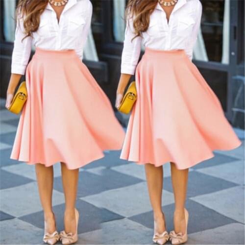 Vintage Women Stretch High Waist Skater Skirts Ladies Plus Size Pink Skirt Flared Pleated Swing Flared Knee-length Skirts S-2XL