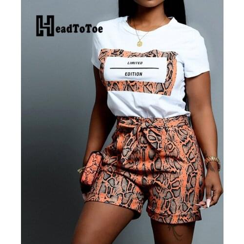 Letter Short Sleeve Tee With Snakeskin Shorts Sets