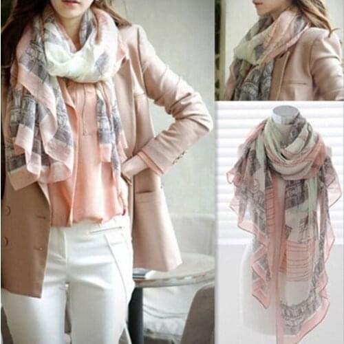 Womens Casual Voile Sheer Soft Long Scarf Eiffel Tower Printed Shawl Stole Eiffel Tower Print, Translucent Fabric, Comfortable