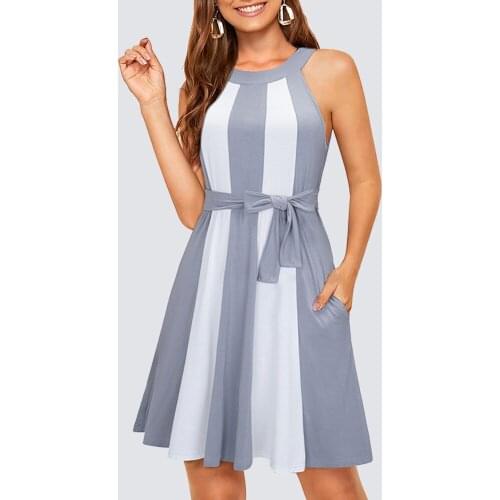 Women Summer Casual Halter Keyhole Contrast Color Lace up Bow Straight Mini Dress with Pockets HA257