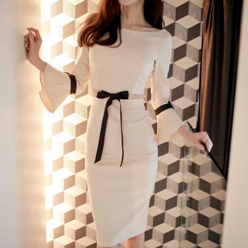 2021 Women Sexy Party Dress Petal Sleeve Hollow Out Bow Bodycon Night Club Pencil Dresses Autumn Spring