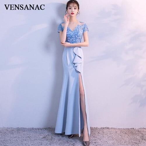 VENSANAC Illusion O Neck Split Mermaid Long Evening Dresses Short Cap Sleeve Backless Party Prom Gowns